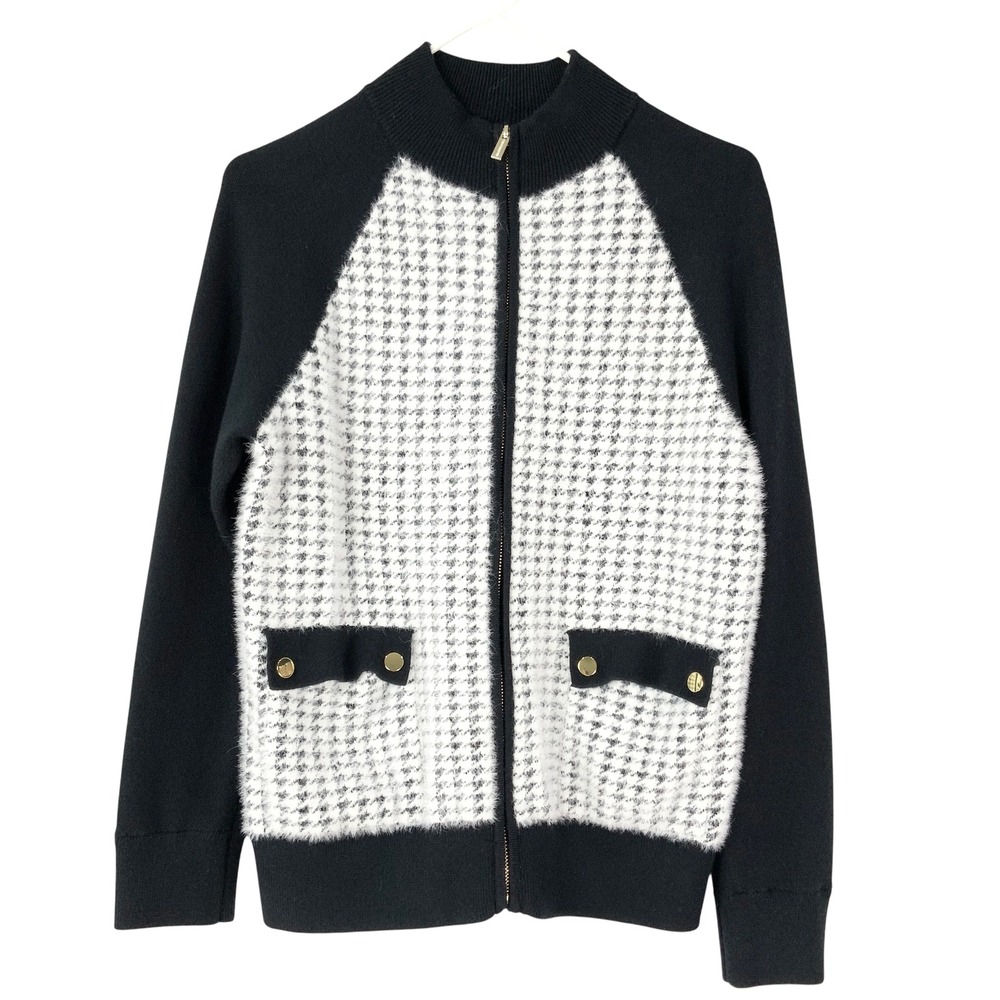 Calligraphie Black Houndstooth Zip Cardigan S Mock Neck Long Sleeve Gold Button